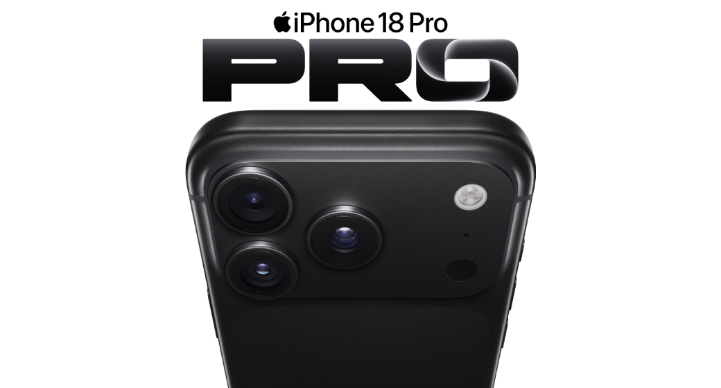 Černý Apple iPhone 18 Pro s trojitým fotoaparátem s produktovým názvem PRO.