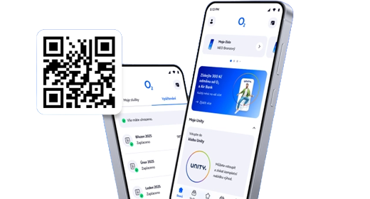 QR kód vedle dvou mobilních telefonů s aplikací O₂ na modrém pozadí