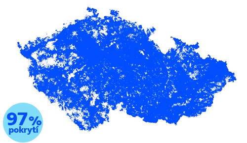 Mapa české republiky, na které je modře zobrazeno pokrytí signálem. Pokrytí je 97 %, takže je mapa téměř celá modrá.