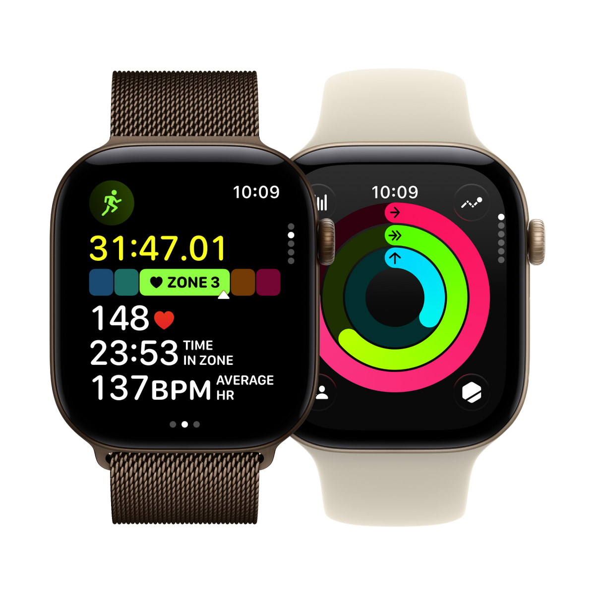 Dvoje chytré hodinky Apple Watch s přehledem fitness statistik a barevnými kroužky aktivity.