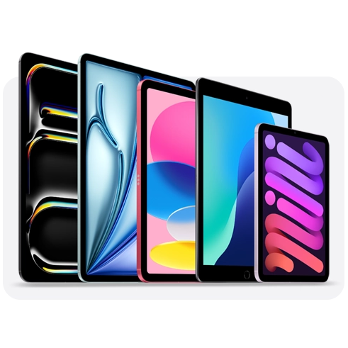 Kolekce různých modelů iPadů s barevnými displeji.
