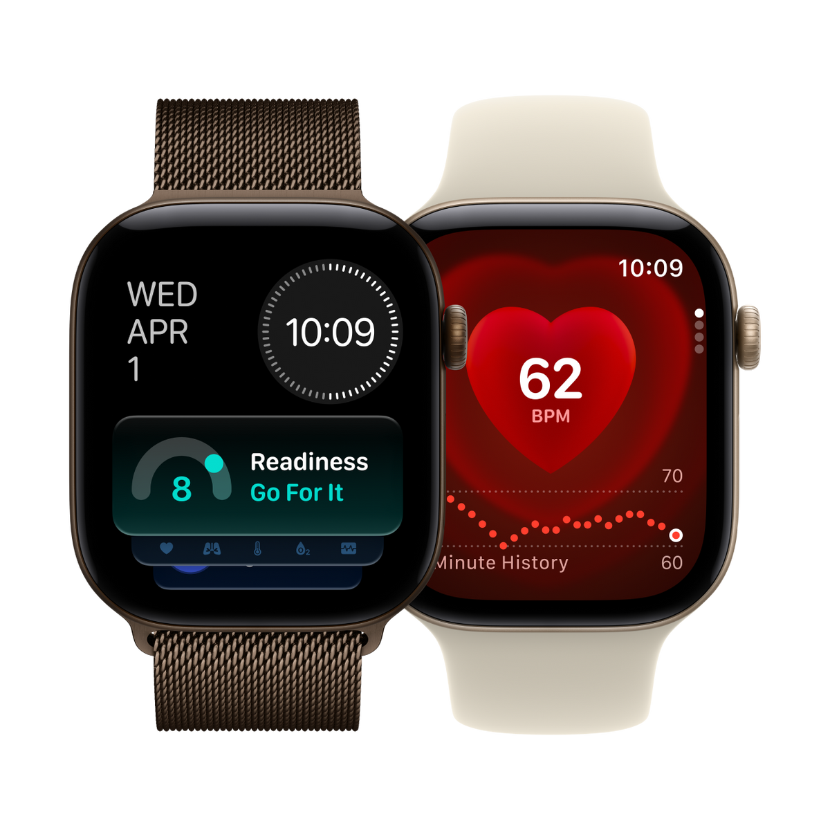 Chytré hodinky Apple Watch se zobrazením kroužků aktivity a srdečního tepu vedle hodinek s přehledem tepové frekvence.