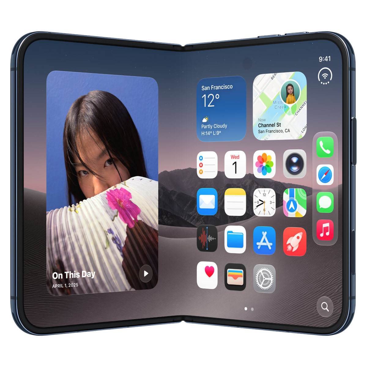 Skládací Apple iPhone Duo s rozloženým displejem na kterém jsou vidět různé aplikace a widgety.