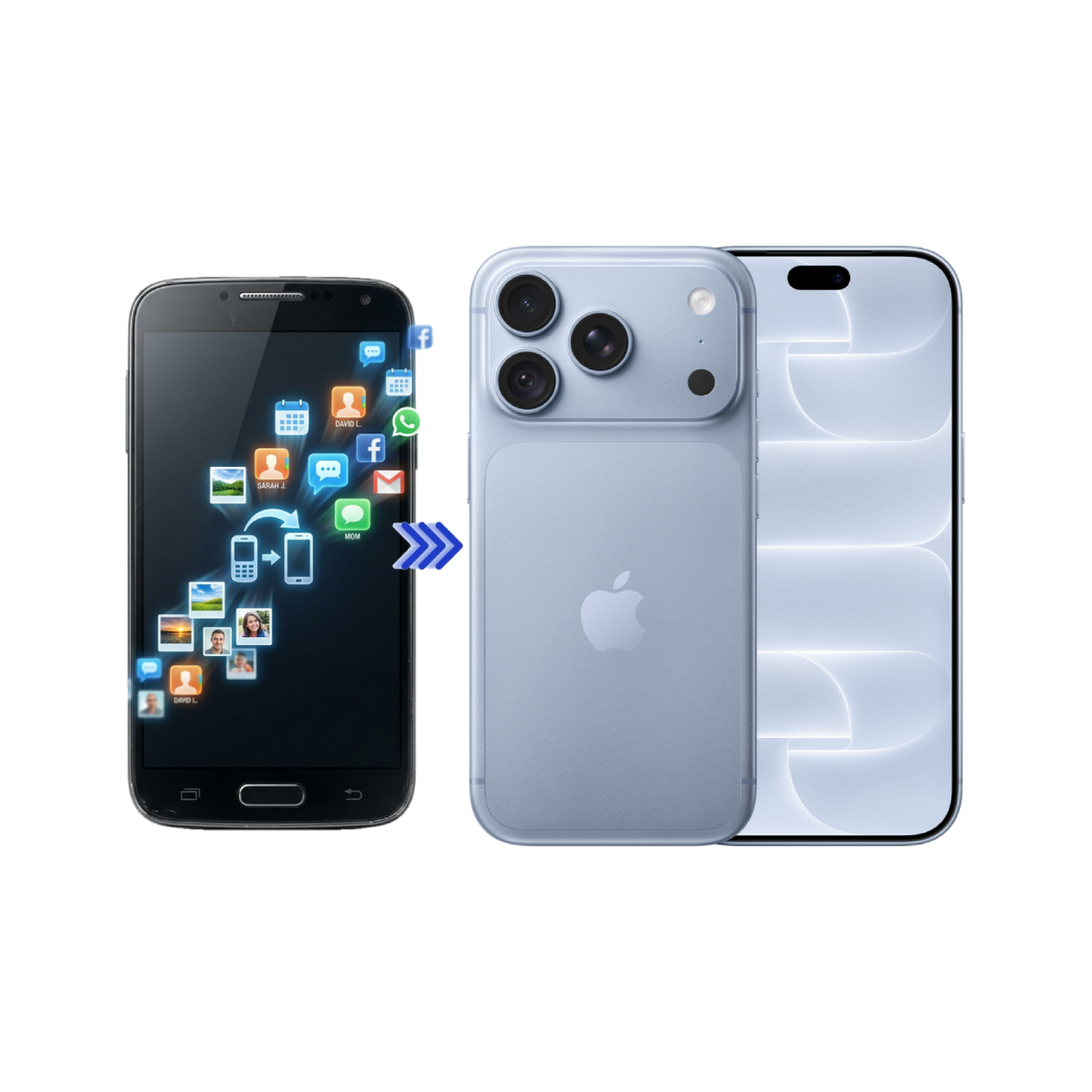 Starý mobilní telefon a šipka která ukazuje na nejnovější model iphonu. Naznačení výměny.