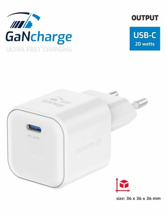 Nabíječka Swissten GaN 1x USB-C 20W, bílá