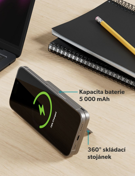 Bezdrátová powerbanka Epico UltraPack Qi2 Stand 5000mAh hliníková Mag+, titanová