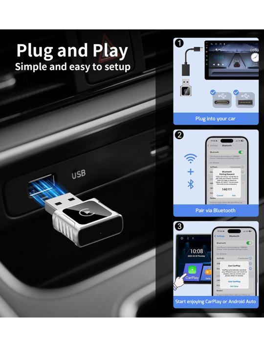 Carlink adapter Swissten pro Apple Carplay a Android Auto USB-A/C, stříbrná