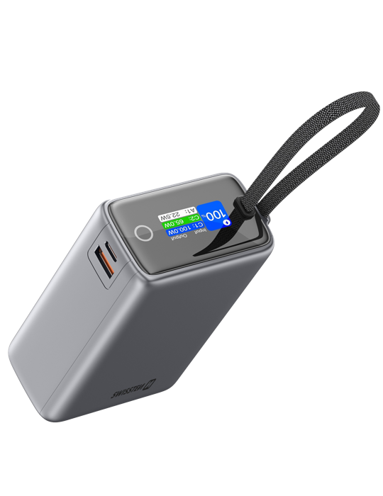 Cestovní powerbanka Swissten 25000 mAh s integrovaným kabelem USB-C, šedá
