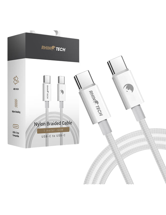 RhinoTech kabel Nylon Braided USB-C na USB-C 60W, 1m, bílá