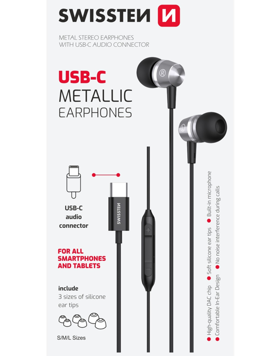 Sluchátka Swissten USB-C Metallic, černá