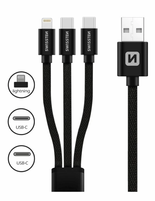SWISSTEN datový kabel textilní 3v1 (Lightning, 2x USB-C), 1,2 m, černá