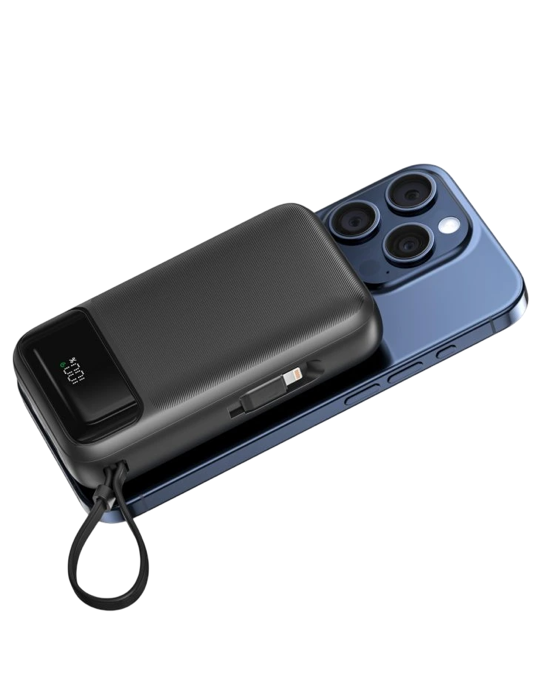 SWISSTEN Powebanka 20000 mAh PD 20W s integrovanými kabely USB-C a Lightning (kompatibilní s MagSafe), černá