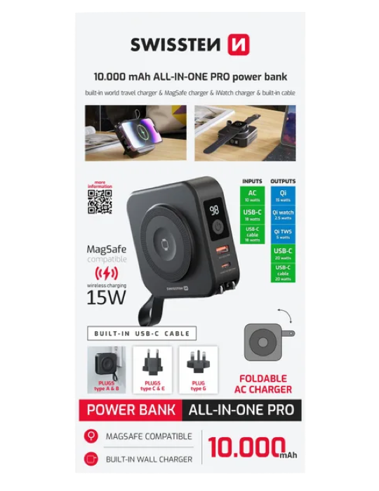 Powerbanka Swissten All-in-one Pro s výměnnými vidlicemi (USA,EU,UK) 10 000 mAh 20W, černá