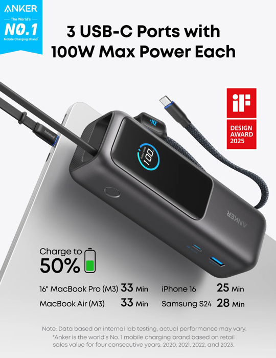 Powerbanka Anker 25000mAh, 165W s kabelem USB-C, šedá