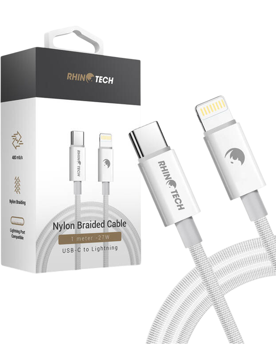 RhinoTech kabel Nylon Braided USB-C na Lightning 27W, 1m, bílá