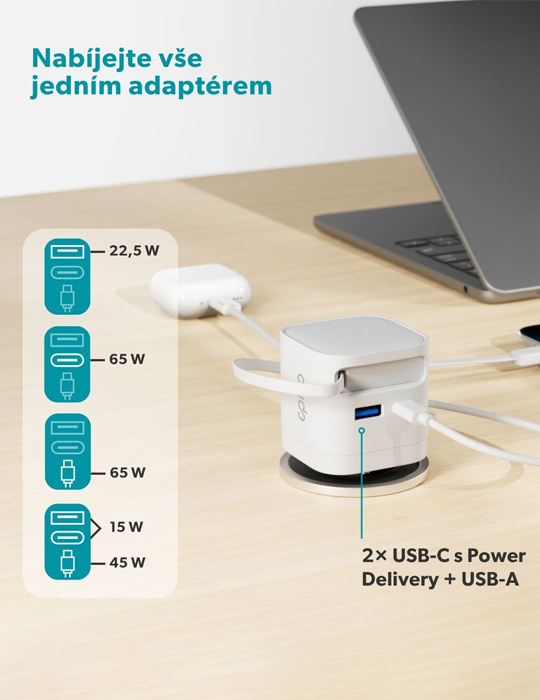 Nabíječka 2v1 GaN 65W se zabudovaným zasouvacím kabelem, bílá