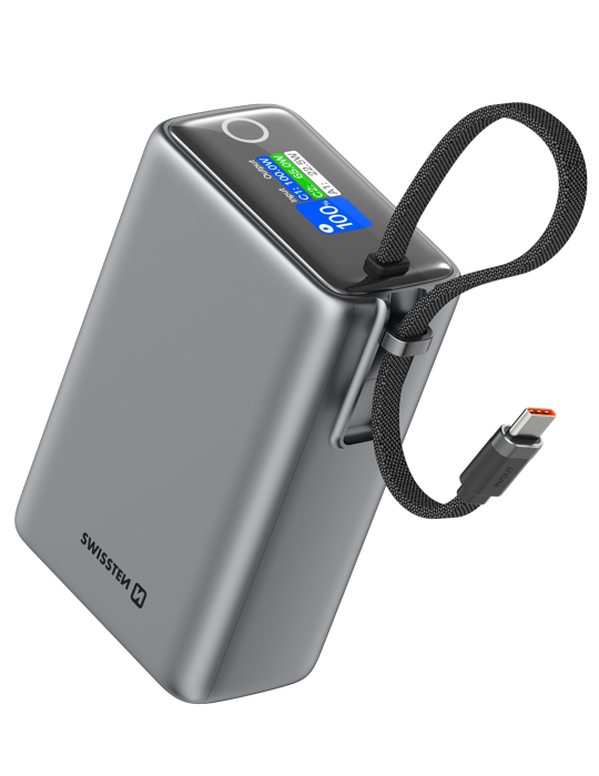 Cestovní powerbanka Swissten 25000 mAh s integrovaným kabelem USB-C, šedá