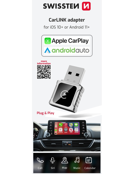 Carlink adapter Swissten pro Apple Carplay a Android Auto USB-A/C, stříbrná