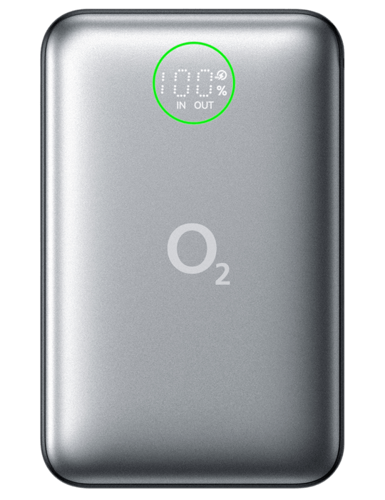 O2 powerbanka 20 000 mAh 65W s vestavěným kabelem, šedá