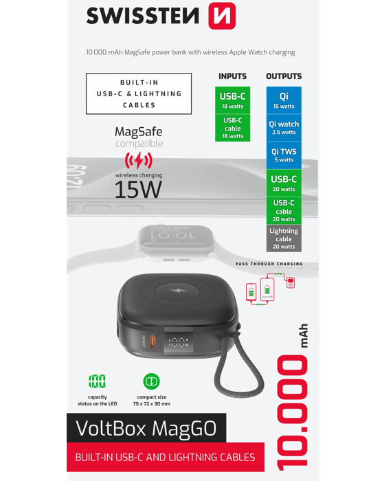 Powerbanka Swissten Voltbox MagGo 10000 mAh s integrovanými kabely USB-C a Lightning, černá
