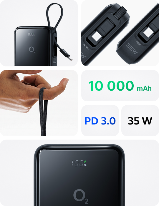 O2 powerbanka 10 000 mAh 35W s vestavěným kabelem, černá