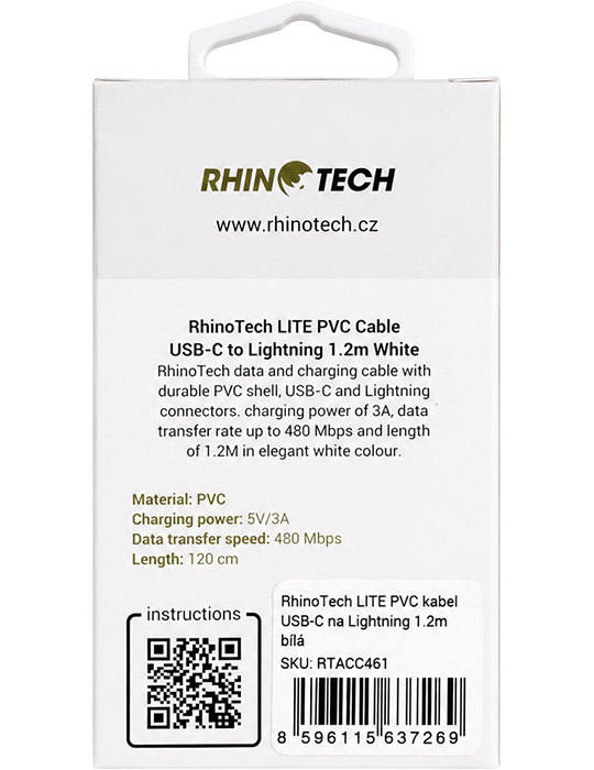RhinoTech kabel Lite PVC USB-C na Lightning 1,2m, bílá