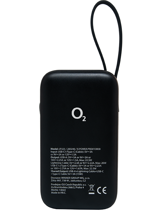 O2 powerbanka 10 000 mAh 20W PD 3.0/QC, černá