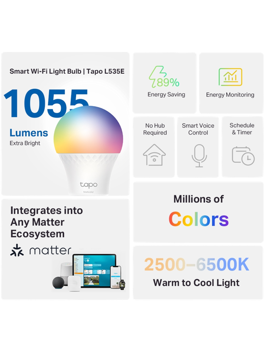 Chytrá RGB žárovka Tapo L535E Matter, transparent