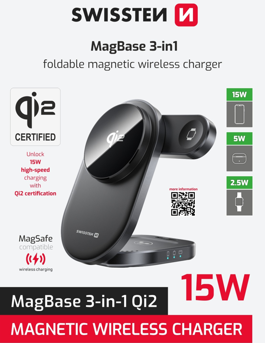 Nabíječka bezdrátová Swissten MagBase 3v1, Qi2 nabíjení, černá