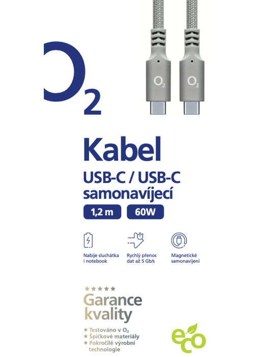 Kabel O2 USB-C x C 1,2m magnetický, šedá
