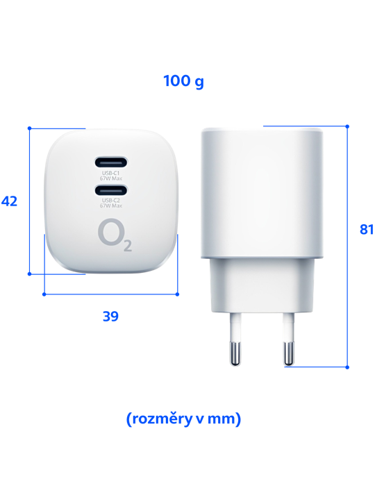 Nabíječka O2 2xUSB-C 67W Power Delivery + technologie GaN ECO, bílá