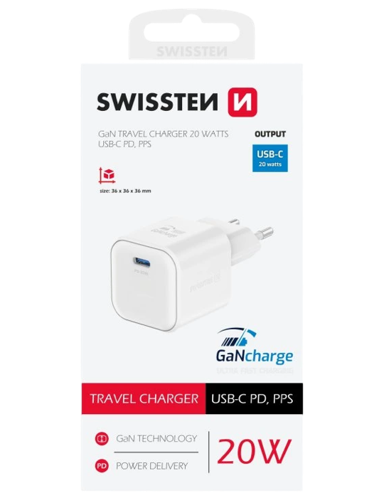 Nabíječka Swissten GaN 1x USB-C 20W, bílá