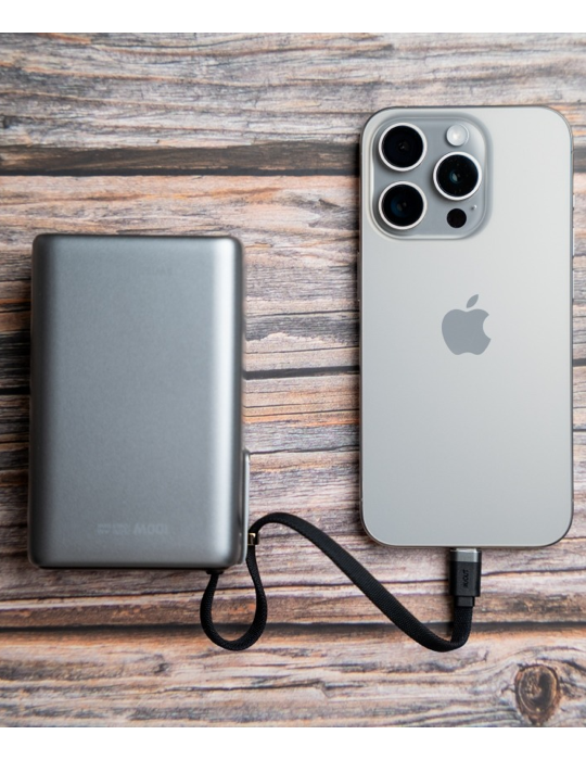 Cestovní powerbanka Swissten 25000 mAh s integrovaným kabelem USB-C, šedá