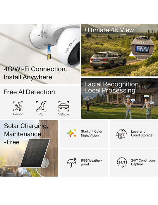 Solárně napájená bezpečnostní kamera s otáčením/naklápěním (Pan/Tilt), Wi-Fi a 4G LTE (Sada) Tapo C665G KIT, bílá