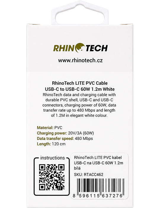 RhinoTech kabel lite PVC USB-C na USB-C 60W, 1,2m, bílá