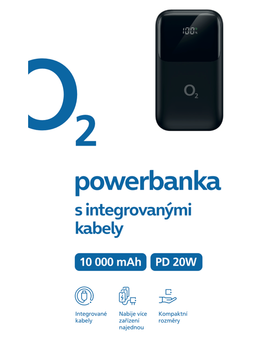 O2 powerbanka 10 000 mAh 20W PD 3.0/QC, černá