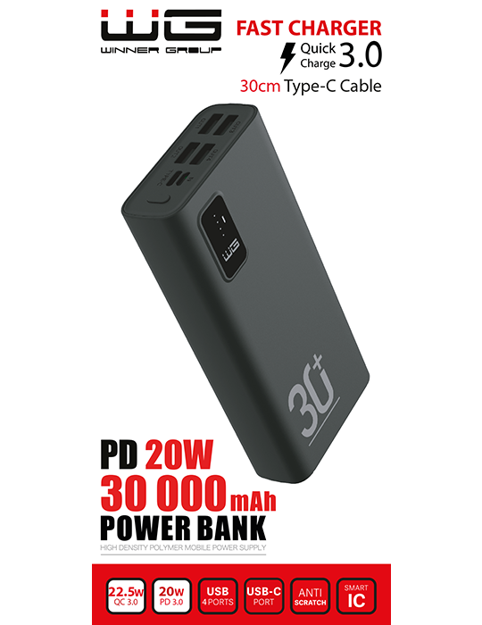 Powerbanka WG 30.000mAh, 4xUSB-A 22W Quick Charge + USB-C 20W Power Delivery, černá