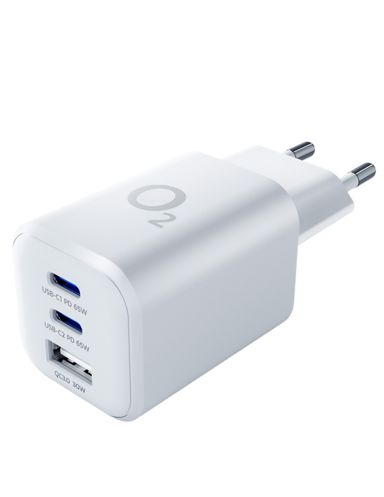 O2 nabíječka 65W 2× USB-C + USB-A, bílá