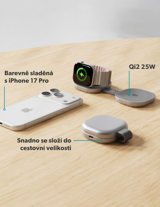 Kovová bezdrátová nabíječka 2v1 Qi2 25W Mag+, stříbrná
