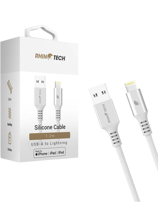 RhinoTech kabel Lite Nylon Braided MFi USB-A na Lightning 1,2m, stříbrná