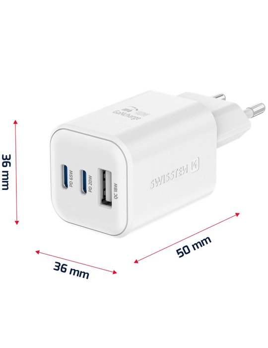 Nabíječka Swissten GaN 2x USB-C 65W USB-A 18W bílá, bílá