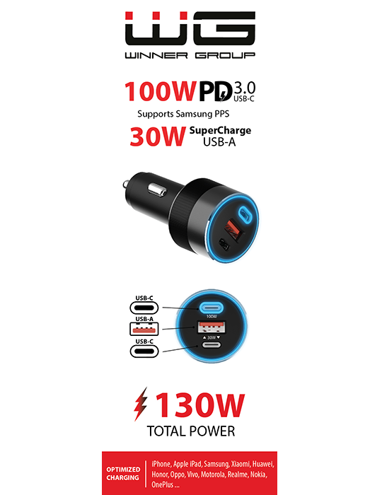 Autonabíječka WG USB-A 30W Quick Charge + 2xUSB-C 100W Power Delivery, černá