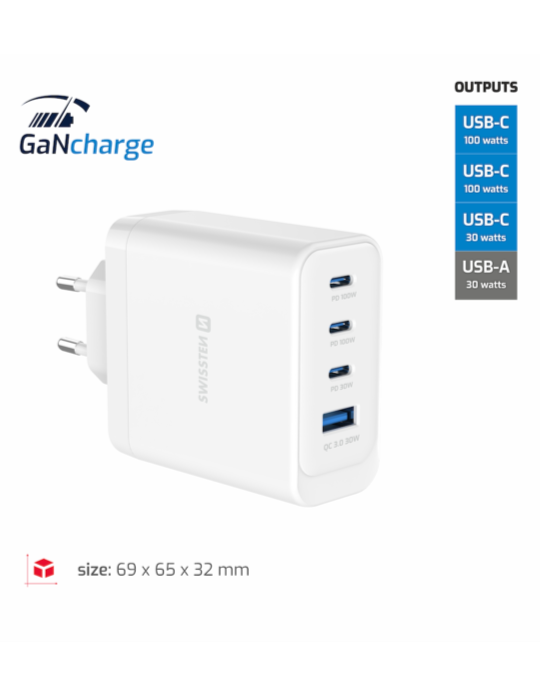 Nabíječka Swissten GaN USB-C 100W bílá, bílá