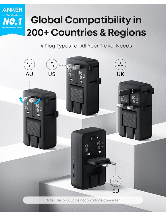 Nabíjecí stanice Anker Nano 20W 2xUSB-C, 2xUSB, s adaptéry pro zásuvky UK/US/AU/EU, černá