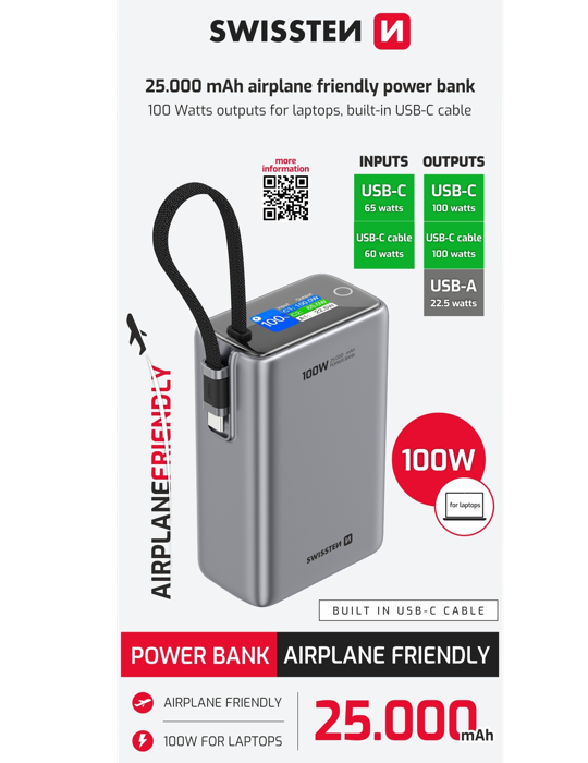 Cestovní powerbanka Swissten 25000 mAh s integrovaným kabelem USB-C, šedá