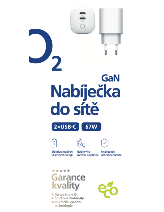 Nabíječka O2 2xUSB-C 67W Power Delivery + technologie GaN ECO, bílá