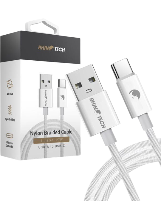 RhinoTech kabel Nylon Braided USB-A na USB-C 27W, 1m, bílá