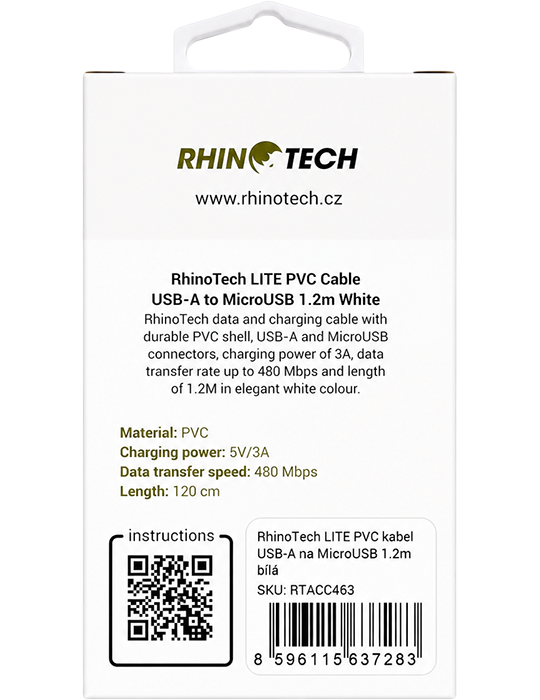 RhinoTech kabel Lite PVC USB-A na MicroUSB 1,2m, bílá