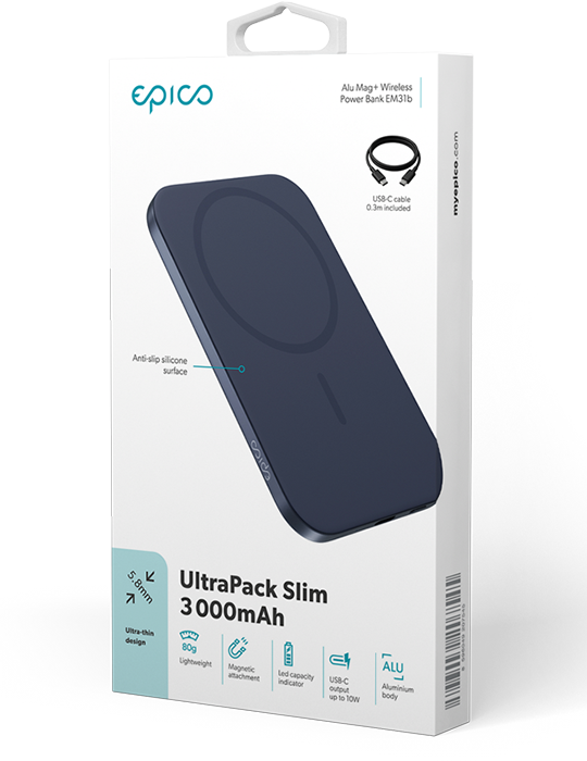 Hliníková bezdrátová powerbanka Slim 3000mAh Mag+, modrá