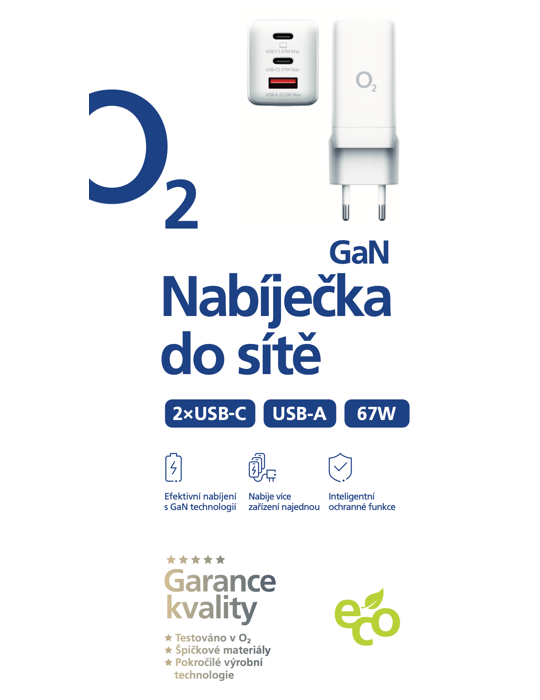 Nabíječka O2 2xUSB-C + USB-A 67W Power Delivery + technologie GaN ECO, bílá